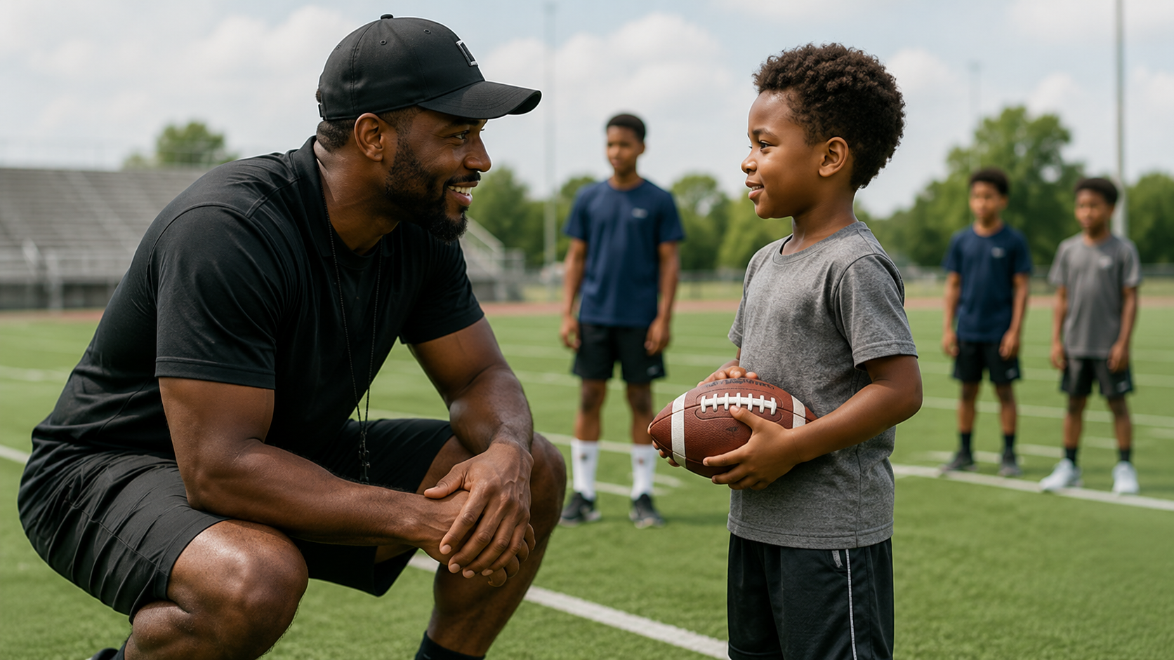 A coach kneeling down and mentoring a young boy holding a football on a green field, with other youth practicing in the background