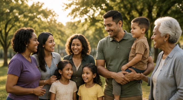A diverse, multi-generational group of families smiling and connecting together in a warm park setting