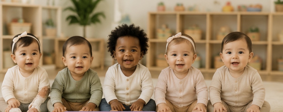 Five diverse babies sitting together in a warm, welcoming early learning classroom with soft natural lighting and educational toys